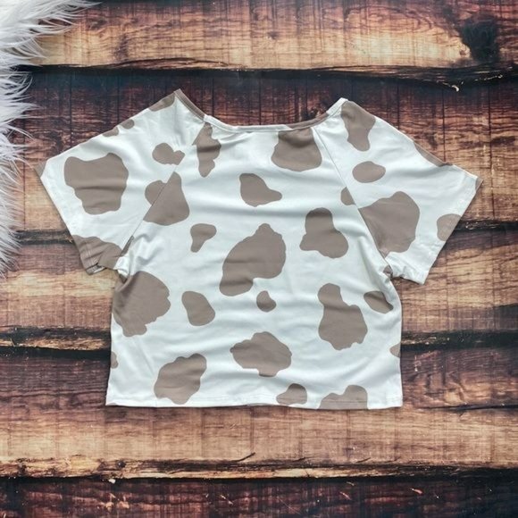 RELISTED Cow Print Crop Top Tan Tee Shirt - Picture 7 of 7